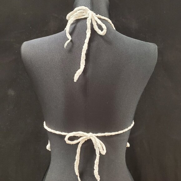 Womens Coachella Festival Fringe Crochet Halter Top Size XXS White Cropped Beach - Picture 3 of 11